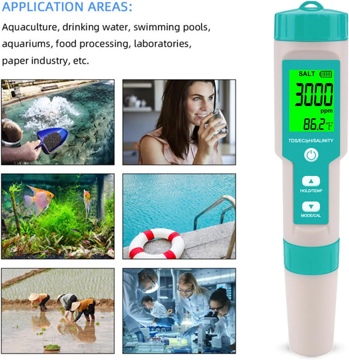 Aquarium Salt Tester -Pool Salt Tester, Versatile 5 In1 Salinity, PH, TDS, EC, and Temperature Meter, Digital Salinity Tester for Saltwater Aquarium, Accurate Salinity Meter,Green