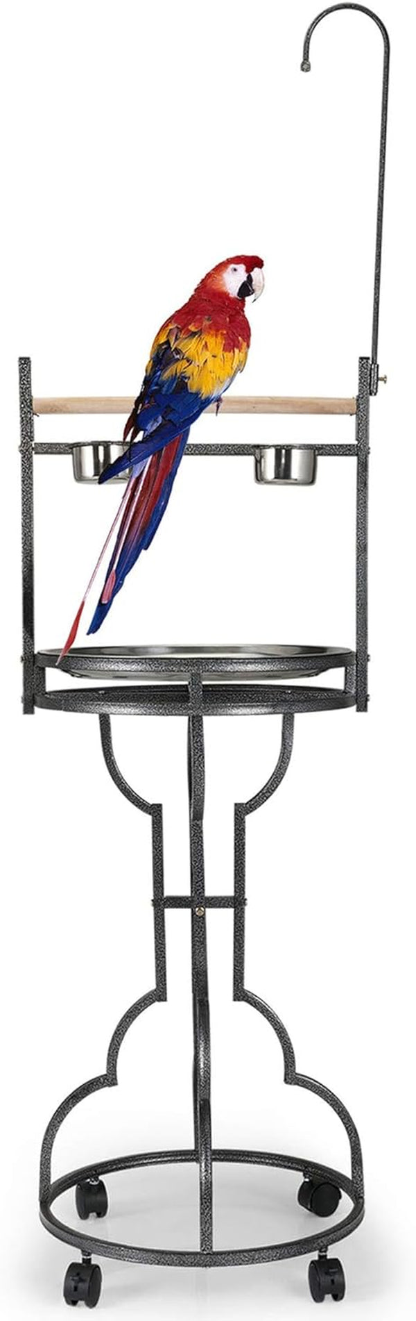 72" Parrot Stand,Stainless Steel Tray Bowls Large Bird Playstand,Parrot Perch with Easy Grip,Wrought Iron Bird Stand with Toy Hook,Macaw Play Gym Ground Stand Rolling Wheel,Pet Gift