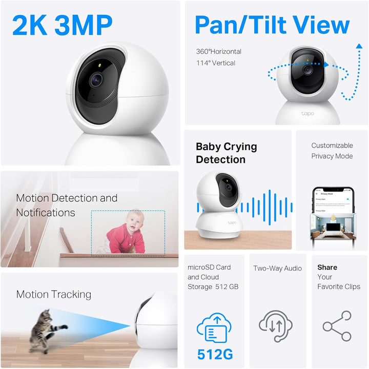 Tapo 2K Pan/Tilt Security Camera for Baby Monitor, Dog Camera W/Motion Detection, 2-Way Audio, Siren, Night Vision, Cloud & SD Card Storage, Works with Alexa & Google Home, 2-Pack (C210P2)