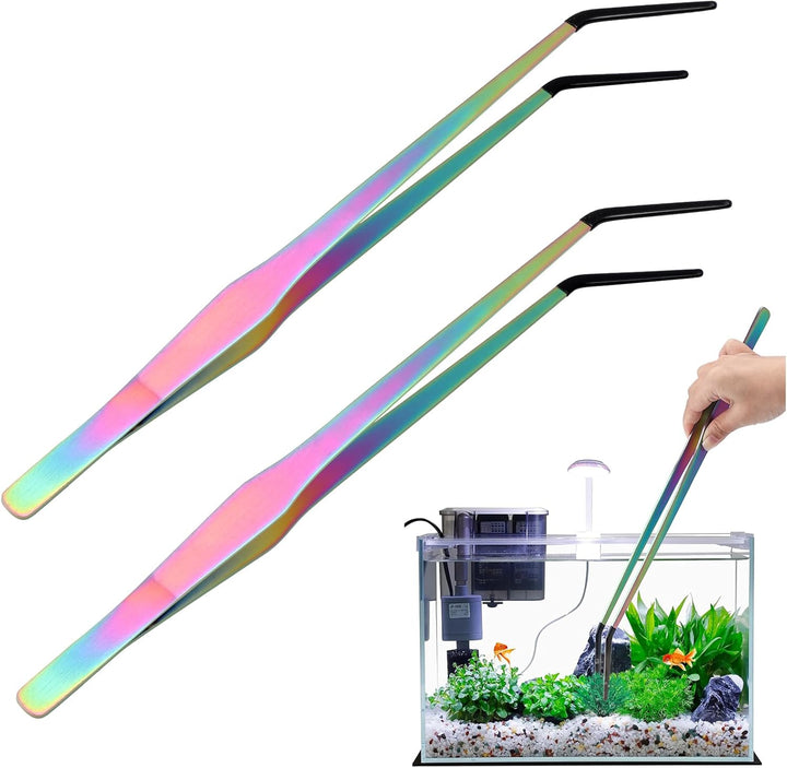 Stainless Steel Reptile Feeding Tongs with Rubber Tip - 10.6" Straight & Curved Tweezers for Aquariums & Crafts - Feeder Tools for Bearded Dragons & Lizards - Terrarium Tank Supplies - 2 Pack