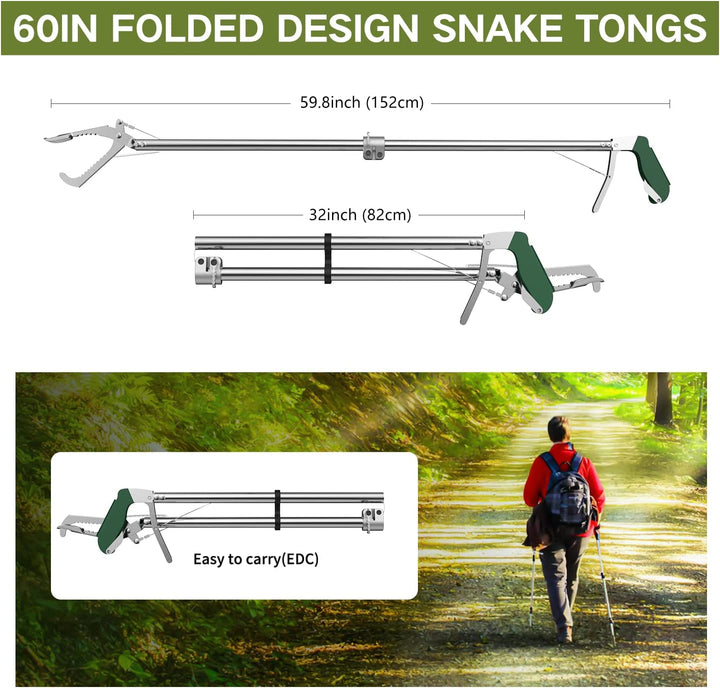 60“ Snake Tongs Collapsible Grabber, Professional Reptile Snake Catcher Wide Jaw Handling Tool, Stainless Steel Snake Hook