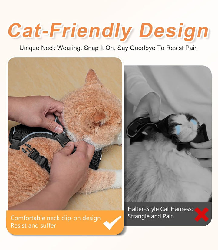 Cat Harness and Leash Set [ MAX Safety Third Generation ] Escape Proof Soft Adjustable Cat Leash Breathable Comfortable Vest Easy to Wear Kitten Harness for Outdoor Walking Black