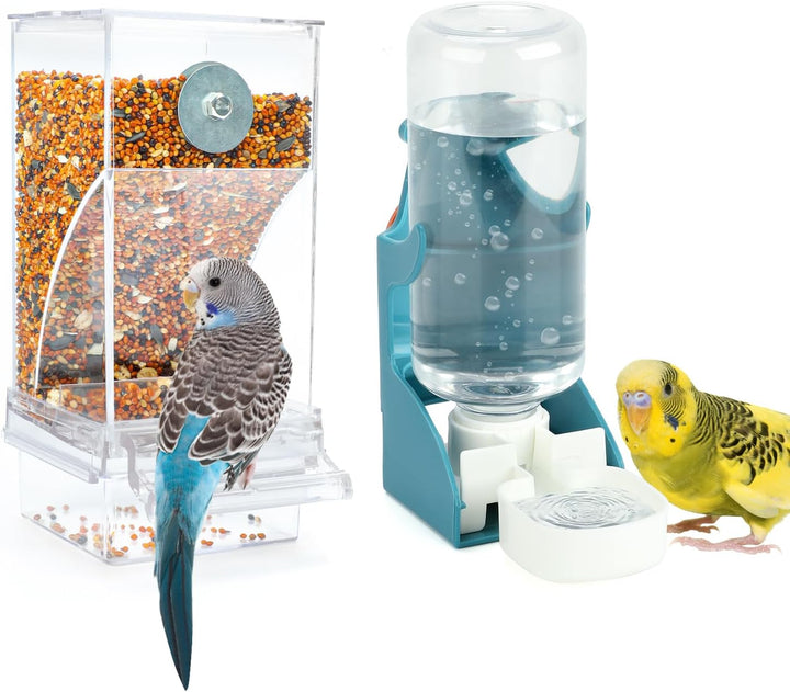 No Mess Bird Water Feeder Dispenser Set Automatic Bird Feeder Transparent Food Container Cage Acrylic Parrot Feeders Accessories for Small Birds Parrot Cockatoo Canary