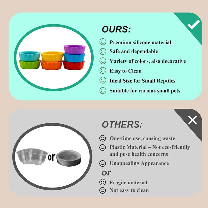 7 Pack Crested Gecko Food and Water Bowl,  Reusable Small Reptile Feeding Dish, Gecko Tank Accessories for Hermit Crab, Tarantula, Isopods and Lizard, Silicone Easy Clean & 7 Colors