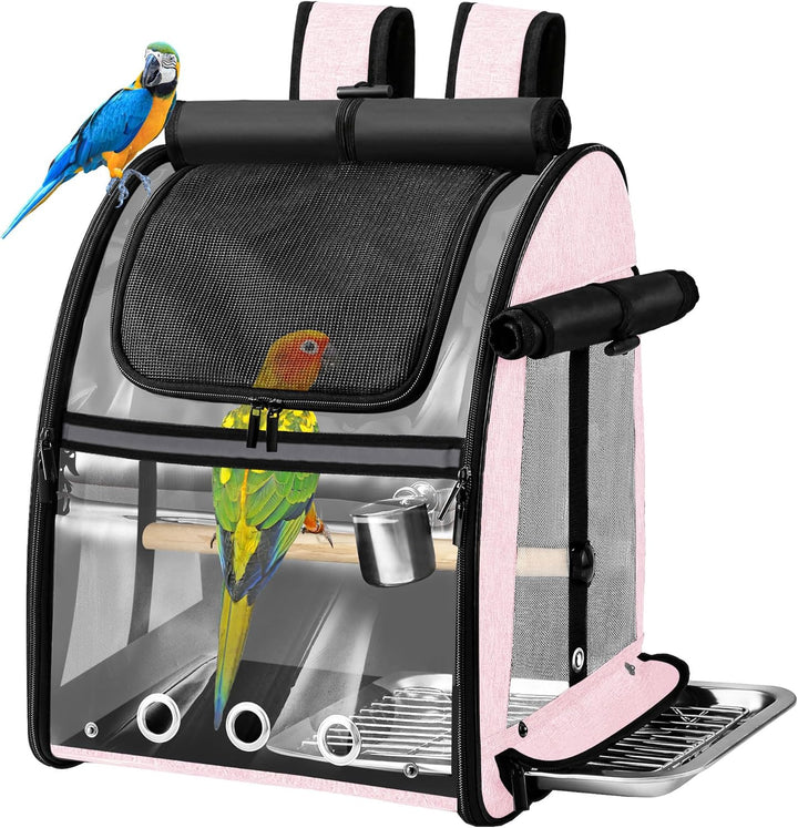Bird Carrier Bag with Indestructible Stainless Steel Mesh, Bird Travel Cage with Stand, Easy to Clean Backpack for Parrot, Portable Bird Travel Bag, Pet Transparent Breathable Travel Cage