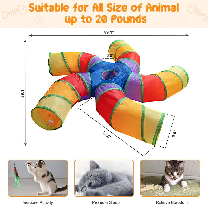 Cat Tunnel for Indoor Cats, 5 Way Large Cat Play Tunnel & Tube with Play Ball, S-Shaped Folded Pet Tube with Interactive Peephole, Ideal for Indoor Exercise for Kittens Puppies Rabbits
