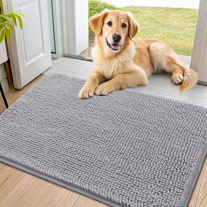 Dog Door Mat for Muddy Paws 30X20, Absorbs Moisture and Dirt Doormat, Non-Slip Washable Quick Dry Chenille Front Door Mat Indoor Entrance, Entryway Carpet for inside Floor, Grey