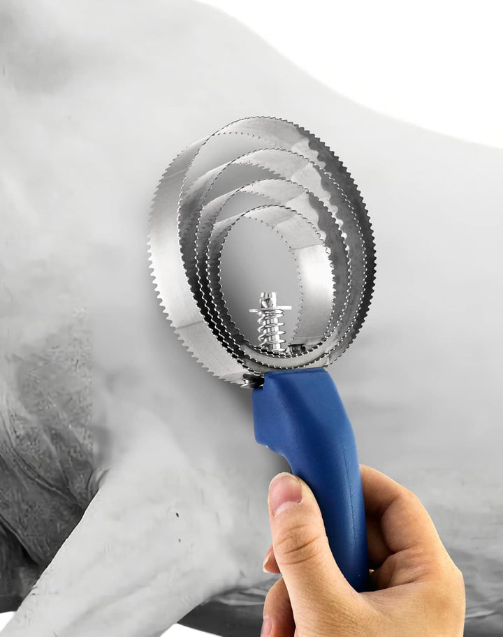 Double Sided Curry Comb, 2 Pack 4 Rings Stainless Steel Curry Comb with Soft Touch Grip, Blue