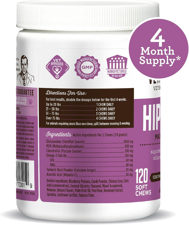 Dr. Joseph'S  Dog Hip and Joint Supplement, 120 Count, Chicken Flavored Pain and Inflammation Relief Chews with Glucosamine, Chondroitin, MSM, Turmeric, Vitamin C, Omega 3