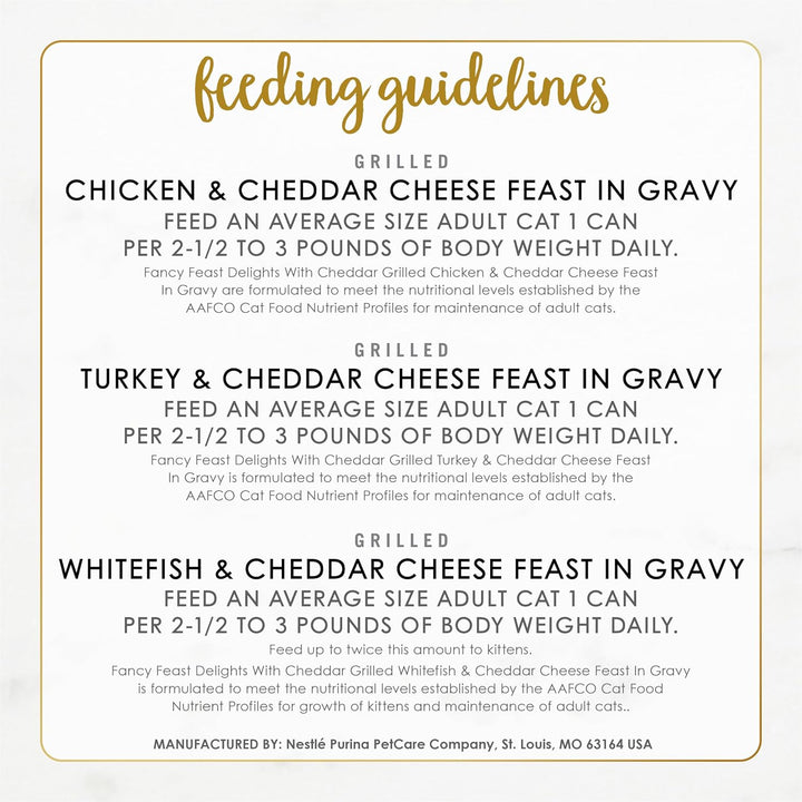 Purina  Delights with Cheddar Grilled Chicken, Turkey or Whitefish and Cheddar Cheese Feast in Gravy Wet Cat Food Variety Pack - (Pack of 24) 3 Oz. Cans