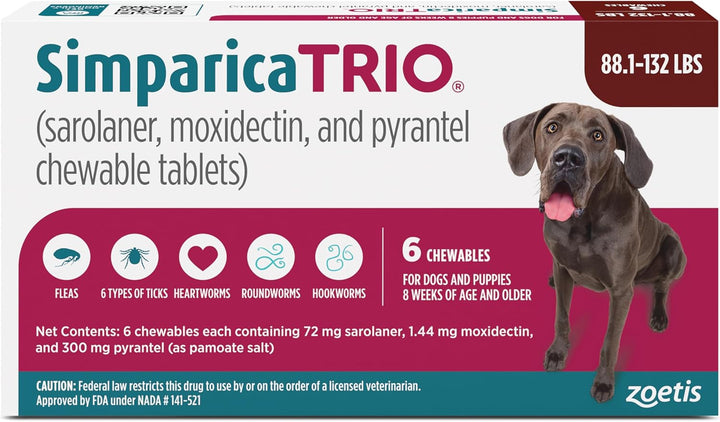(Sarolaner, Moxidectin, and Pyrantel Chewable Tablets) Chewables for Dogs, 48 Mg/Tab, 44.1-88 Lbs, (Green), 6 Tablets