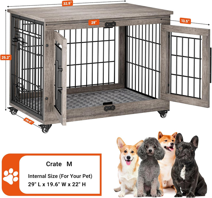 Dog Crate Furniture for Medium Dogs, 32'' Dog Kennel Indoor with Cushion & Wheels Wooden Dog Cage Double Doors Dog Crate End Table, Grey