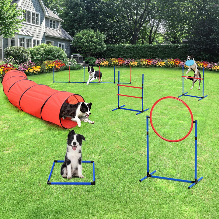 Dog Agility Accessories Kit: Comprises of a Teaser Pole, 2 Hurdles, 3 Flying Discs, 6 Weaving Poles, Agility Tunnel, Pause Box, Full Set of Agility Equipment for Backyard Indoors Outdoors