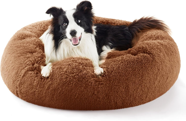 Calming Dog Bed Medium Size Dog - Donut Washable Medium Pet Bed, 30 Inches Anti-Slip round Fluffy Plush Faux Fur Cat Bed, Fits up to 45 Lbs Pets, Camel