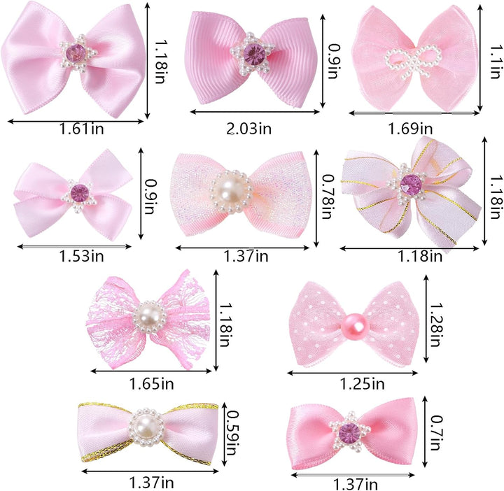 20 PCS Cute Dog Hair Bows with Rubber Bands Elastic Handmade Mix Style Lace Rhinestone Pearls for Furry Puppy Cat Pet Girl, Pink