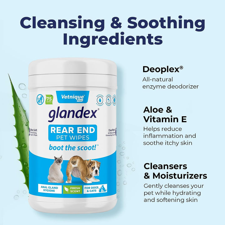 Glandex Dog Wipes for Pets Cleansing & Deodorizing Anal Gland Hygienic Dog & Cat Wipes with Vitamin E, Skin Conditioners and Aloe (75Ct)
