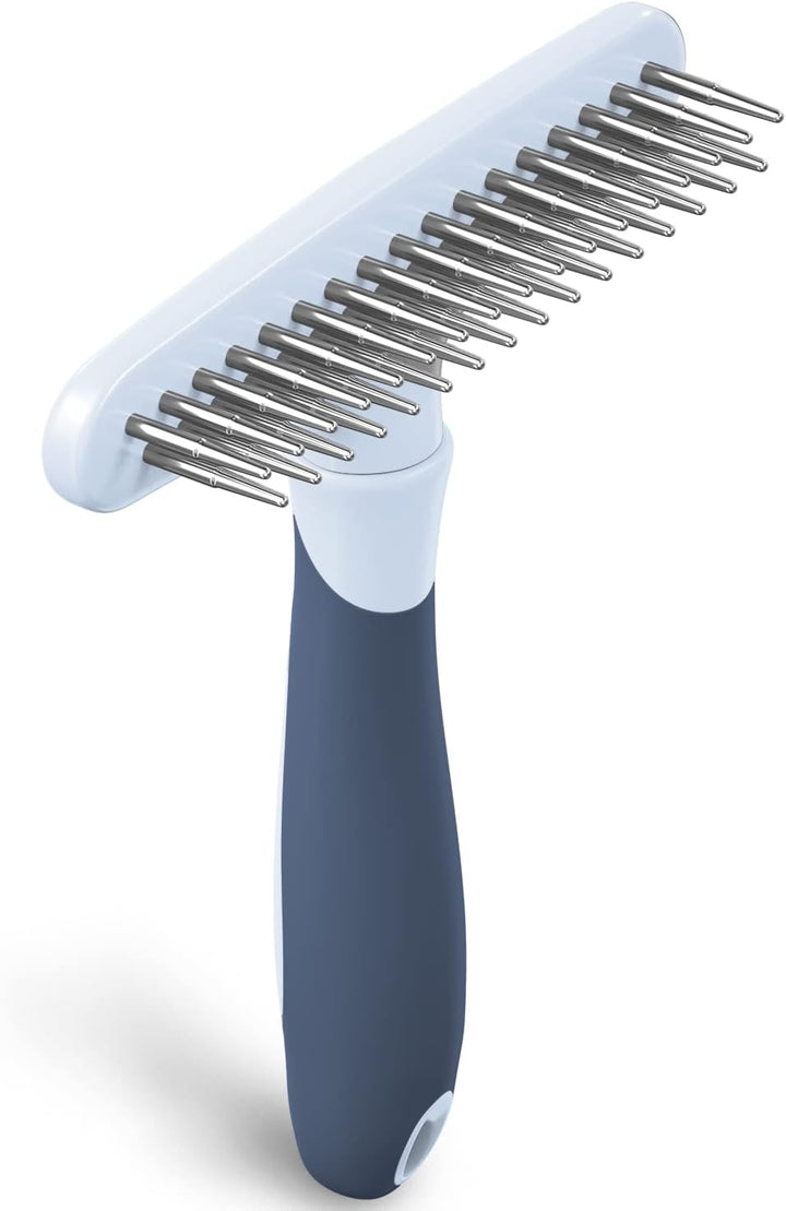 Deshedding Brush - Undercoat Rake for Dogs, Cats, Matted, Short, Long Hair Coats - Double Row Stainless Steel Pins - Reduce Shedding by 90% (Blue)