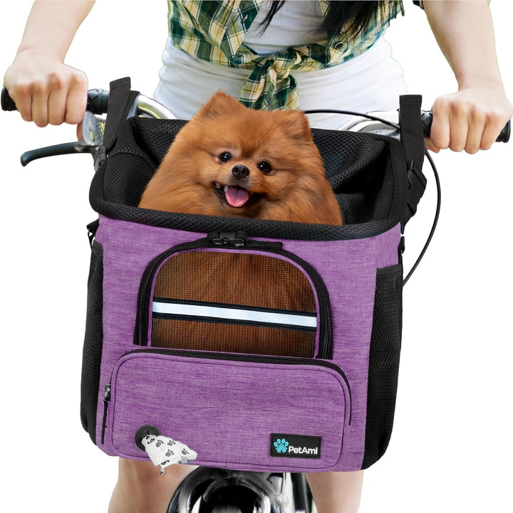 Dog Bike Basket, Soft-Sided Ventilated Dog Bike Carrier Backpack, Pet Bicycle Basket for Bike Handlebar, Small Medium Puppy Cat Kitten Car Booster Seat with Safety Strap, Max 18 Lbs, Dark Gray