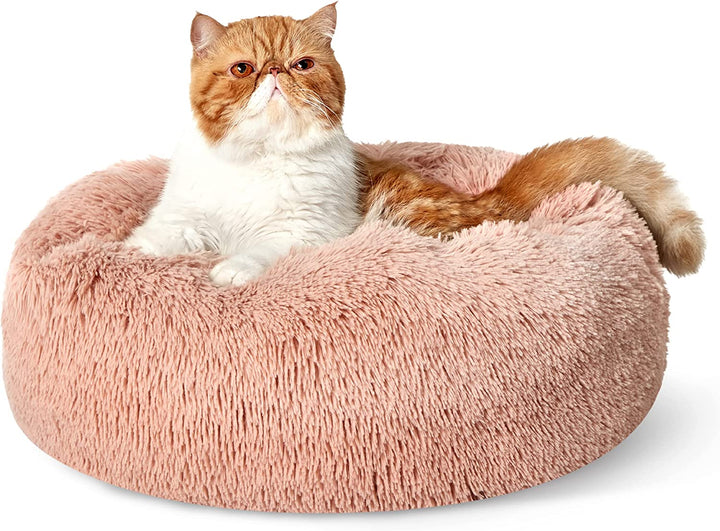 Calming Dog Bed Medium Size Dog - Donut Washable Medium Pet Bed, 30 Inches Anti-Slip round Fluffy Plush Faux Fur Cat Bed, Fits up to 45 Lbs Pets, Camel