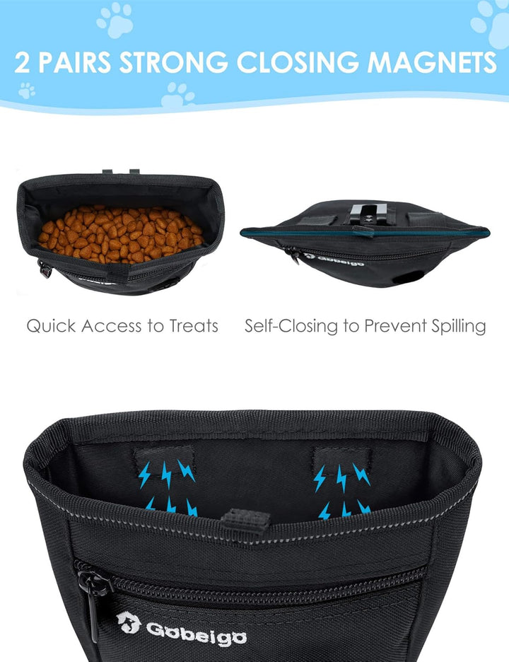 Dog Treat Pouch and Training Clicker, Upgrade Two Magnetic Closure to Prevent Spills, 2 Cup Treat Bag with Poop Bag Dispenser, Metal Clip Waist Belt Fanny Pack for Pet Walk (Black)