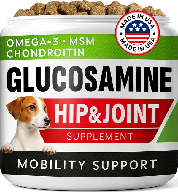 Glucosamine Treats for Dogs - Joint Supplement W/Omega-3 Fish Oil - Chondroitin, MSM - Advanced Mobility Chews - Joint Pain Relief - Hip & Joint Care - Chicken Flavor - 120 Ct - Made in USA