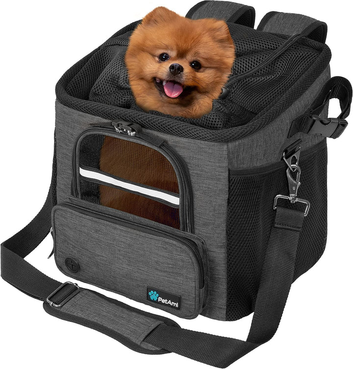 Dog Bike Basket, Soft-Sided Ventilated Dog Bike Carrier Backpack, Pet Bicycle Basket for Bike Handlebar, Small Medium Puppy Cat Kitten Car Booster Seat with Safety Strap, Max 18 Lbs, Dark Gray