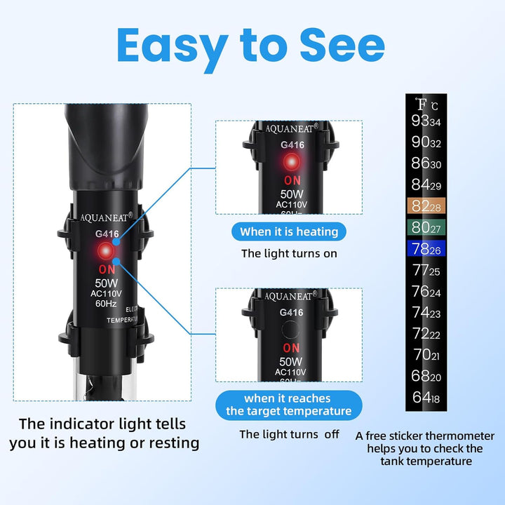 Aquarium Heater, 50W Fish Tank Heater, Adjustable Submersible Water Thermostat with Thermometer