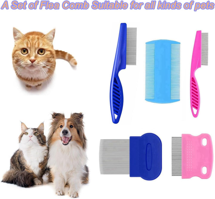 5 Pack Flea Lice Comb,Stainless Steel Dog Cat Grooming Combs with Rounded Teeth,Double Sided Professional Pet Tear Stain Remover,Dematting Tool for Small, Ideal for All Pet