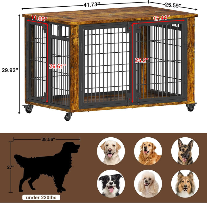 90% Pre-Assembled 41" Moveable XL Dog Crate, Large Dog Crate Furniture with Top-Access Teasing/Feeding Doors, Chew-Resistant Dog Kennel Indoor Furniture for Medium and Large Dogs