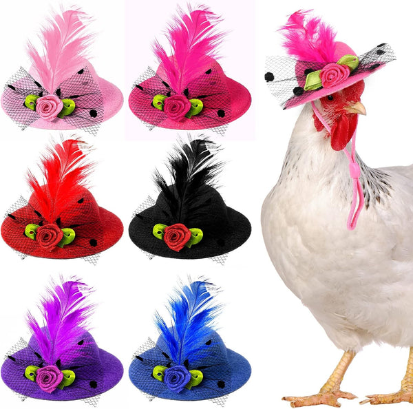 6 Pieces Chicken Hats for Hen Mini Chicken Helmet Accessories Feather Top Funny Small Hat Funny with Adjustable Elastic Chin Strap for Animal Costume (Fresh Color, Classic Style)