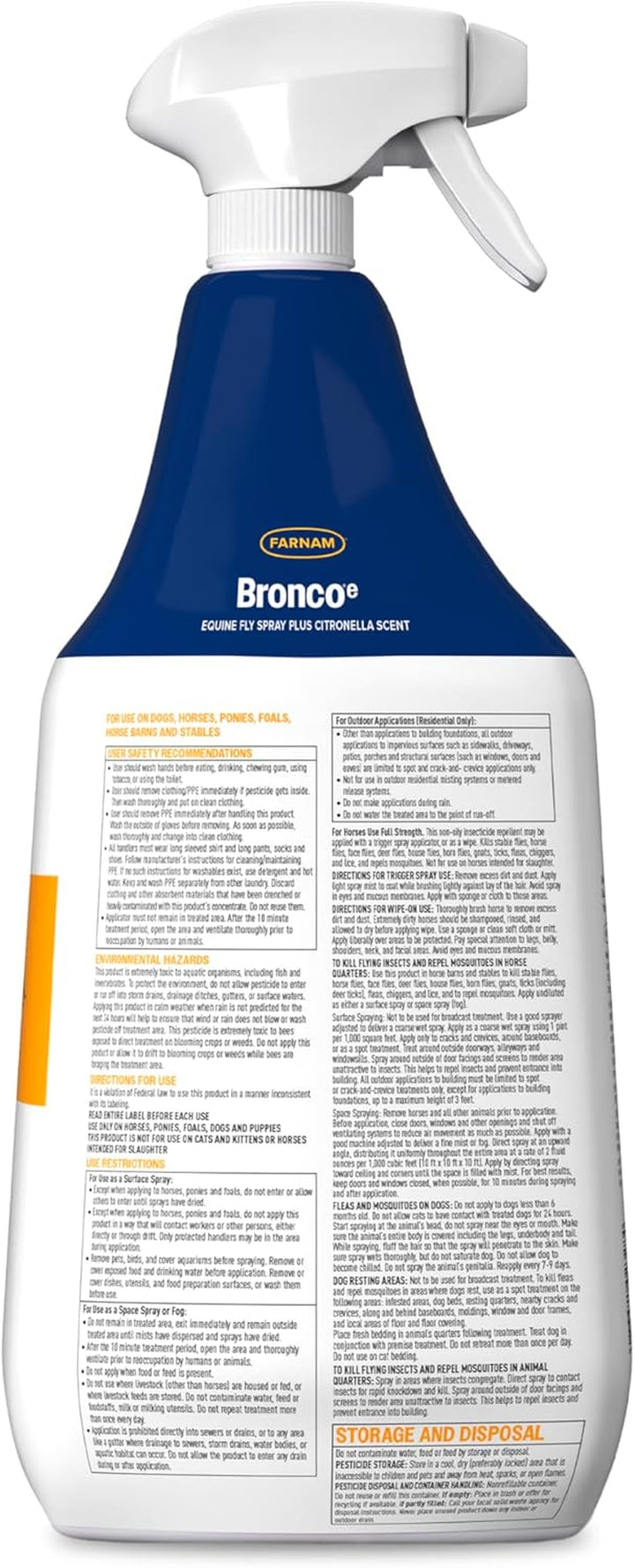 Broncoe Fly Spray plus Citronella for Horses, Dogs & Premises - Kills Flies, Ticks, Fleas, Lice & Mosquitoes - Water-Based, Non-Oily Multi-Purpose Insecticide - 32 Oz