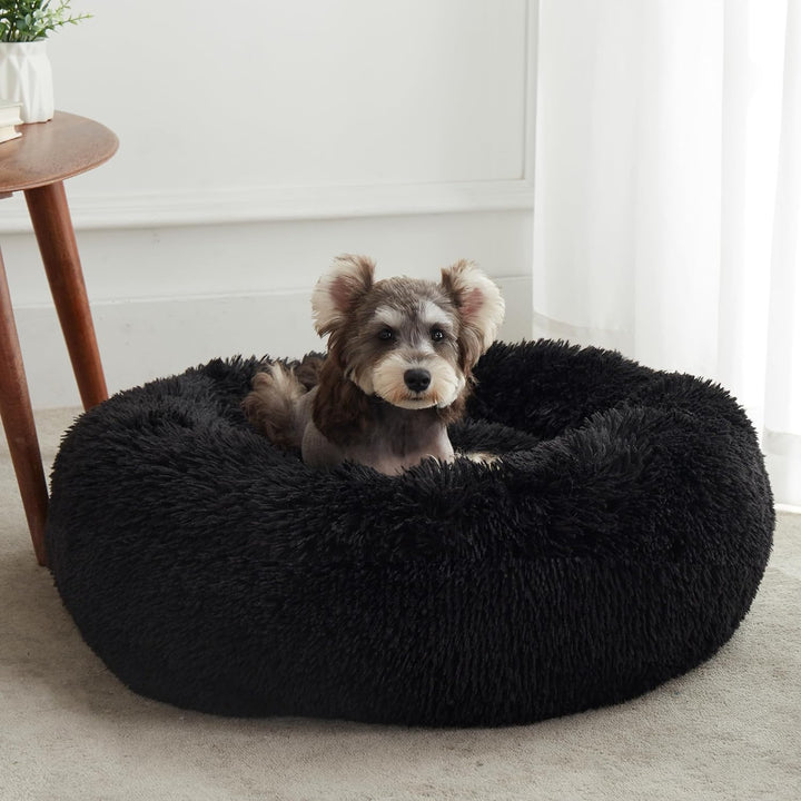 Calming Soft round Dog & Cat Bed, Anti-Anxiety Donut Cuddler Warming Cozy Fluffy Faux Fur Plush Cushion Bed for Small Medium Dogs and Cats (20"/24"/27"/30"), Light Grey