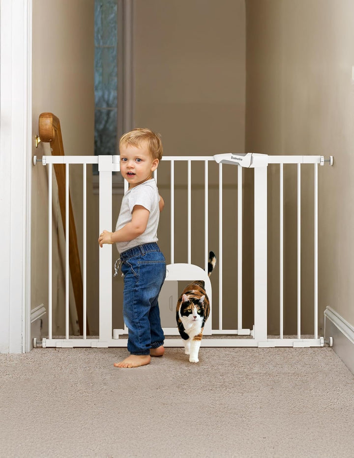 Baby Gate with Adjustable Cat Door,29-43" Auto Close Durable Pet Door for Stairs,Doorways and House,Pressure Mounted,Easy Install,Effortless Walk Thru,White