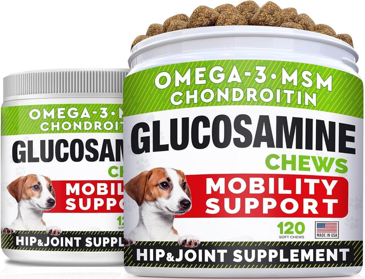Glucosamine Treats for Dogs - Joint Supplement W/Omega-3 Fish Oil - Chondroitin, MSM - Advanced Mobility Chews - Joint Pain Relief - Hip & Joint Care - Chicken Flavor - 120 Ct - Made in USA