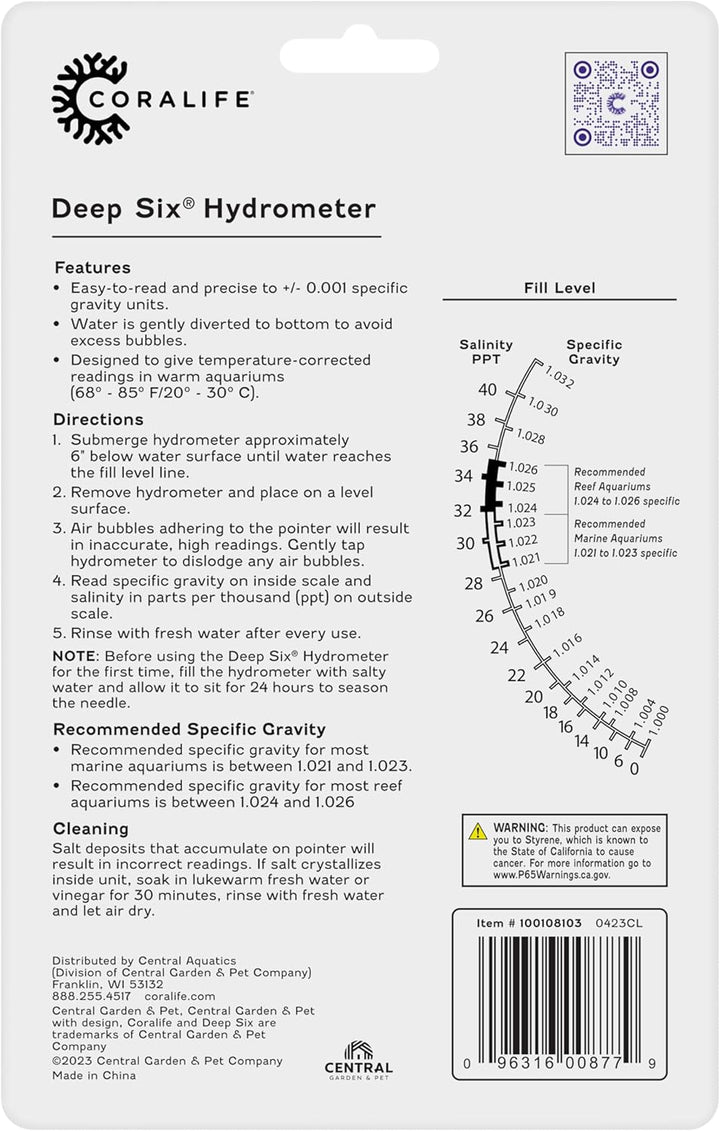 Aquarium Fish Tank Deep Six Hydrometer for Measuring Water Salinity PPT and Specific Gravity