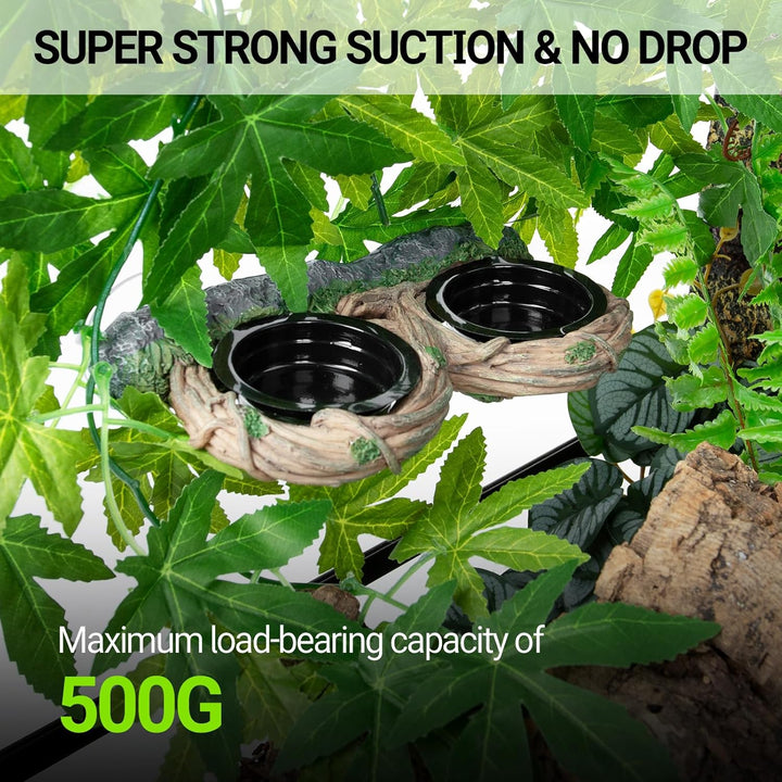 Dual Gecko Feeder Ledge, Reptile Hollow Vine Food Feeding for Bearded Dragon Lizard Snake Turtle, Reptile Water Feeding with 4 PCS Bowl, Reptile Dish Terrarium Tank Decor Accessories