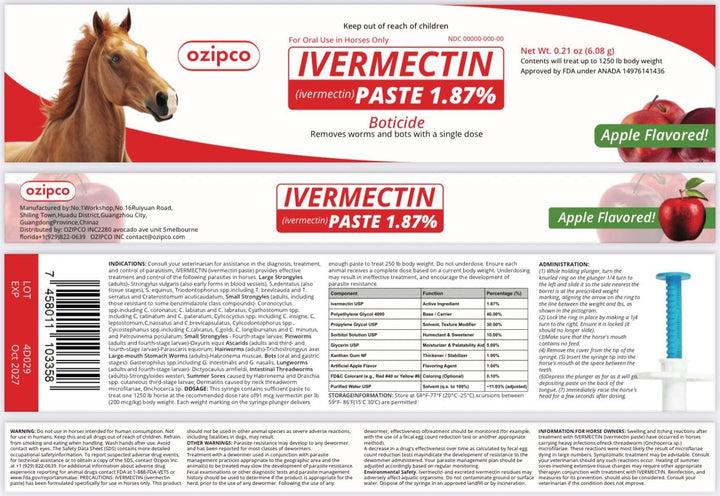 Ivermectin Horse Paste 1.87% | Apple Flavor – 6.08G Syringe for Equine Use Only up to 1250 LB
