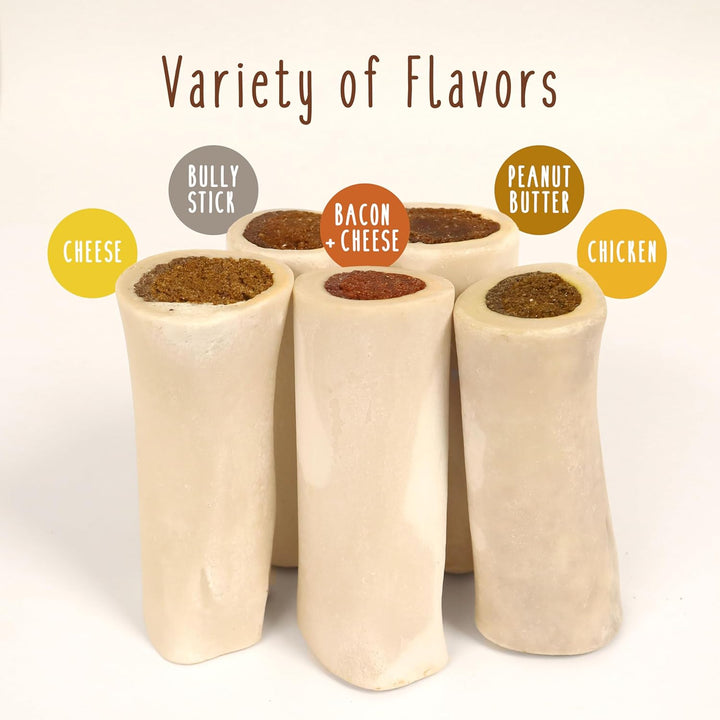 Stuffed Shin Bone, Long-Lasting Dog Chew Bones for Aggressive Chewers, High Protein Filled Bone Dental Chew for Dogs, Bacon & Cheese Flavor Filling, 5-6" for Large Dogs