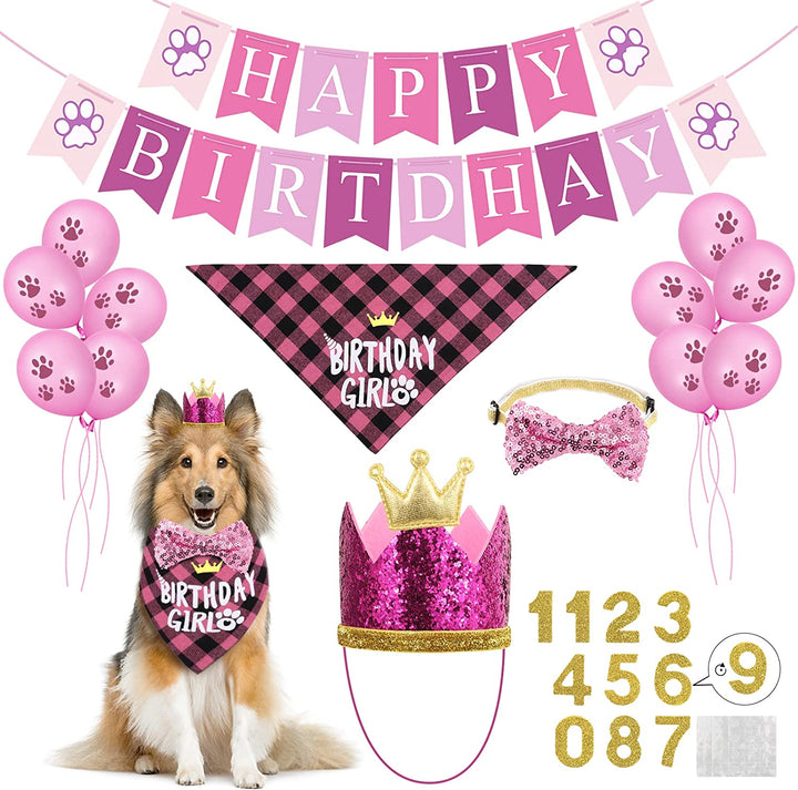 Dog Birthday Party Supplies, Dog Birthday Hat Bandana Scarf with Cute Bow Tie, Flag, Balloons for Small Medium Dogs Pets, Doggie Party Supplies Decorations