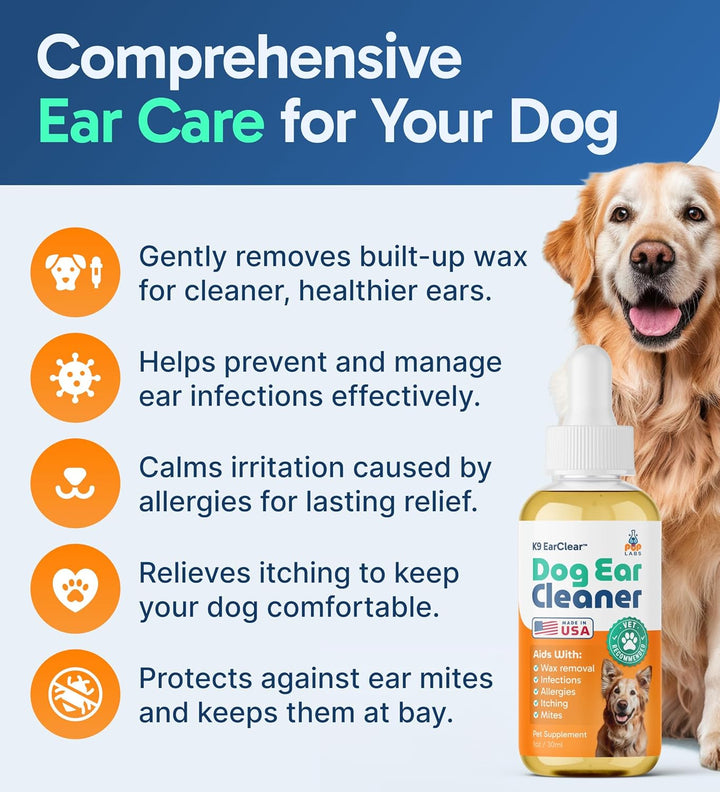 Ear Clear, Natural Dog Ear Cleaner and Infection Treatment for Dogs, Dog Drops for Itching, Irritation, & Wax Build-Up, 1 Oz Bottle with Dropper
