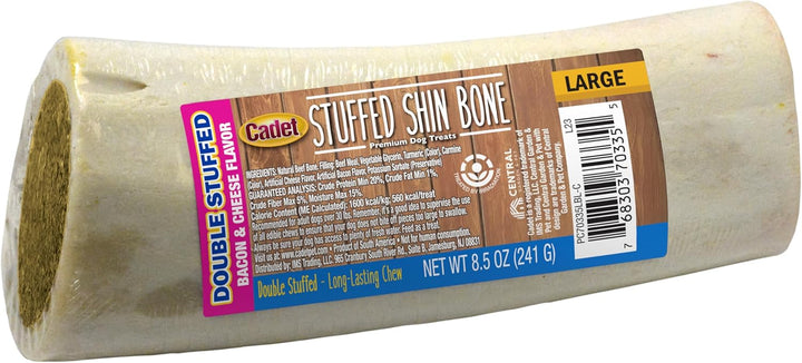 Stuffed Shin Bone, Long-Lasting Dog Chew Bones for Aggressive Chewers, High Protein Filled Bone Dental Chew for Dogs, Bacon & Cheese Flavor Filling, 5-6" for Large Dogs