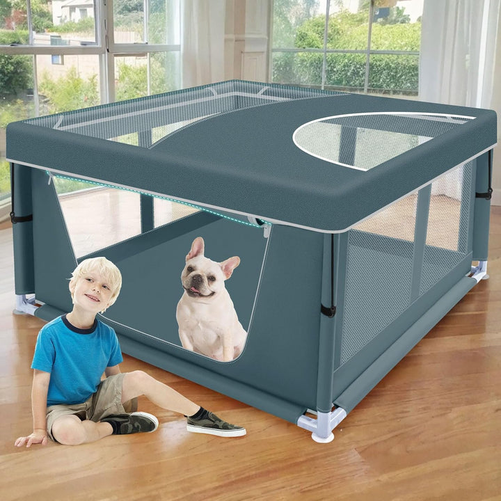 42X42X25.6 Inches Puppy Playpen with Gate, Dog Playpen for Puppies or Small Dogs, Dogfence Pet Playpen for Indoor & Outdoor, Sturdy Safety Dogpen with Thickened Fabric, High-Strength Nylon Wire Mesh