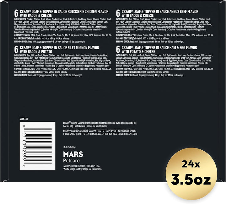 Wet Dog Food Loaf in Sauce Rotisserie Chicken, Filet Mignon, Angus Beef, and Ham & Egg Flavors Variety Pack, 3.5 Oz. Easy Peel Trays (24 Count, Pack of 1)