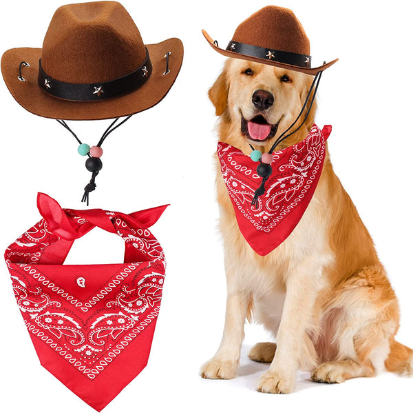 Pet Cowboy Costume Accessories - Dog Cat Pet Size Cowboy Hat and Bandana Scarf West Accessories for Puppy Kitten Party Festival and Daily Wearing Set of 2 (Coffee)