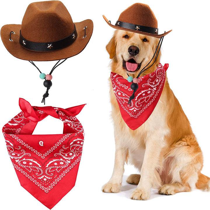 Pet Cowboy Costume Accessories - Dog Cat Pet Size Cowboy Hat and Bandana Scarf West Accessories for Puppy Kitten Party Festival and Daily Wearing Set of 2 (Coffee)