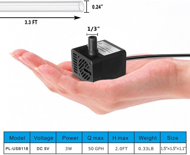 DC 5V USB Mini Submersible Water Pump with Tubing for Pet Fountain, Aquarium Fish Tank, Pond, Fountain, Hydroponics