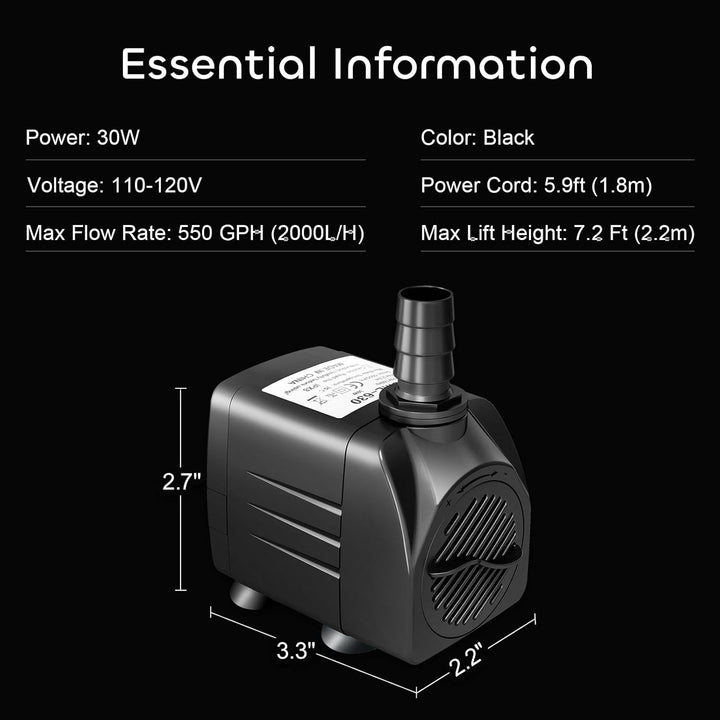 550GPH Submersible Pump 30W Fountain Water Pump, 2000L/H, with 7.2Ft High Lift, 3 Nozzles for Aquarium, Fish Tank, Pond, Hydroponics, Statuary