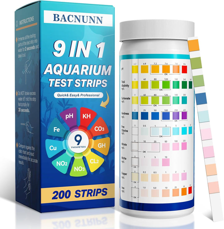 Aquarium Test Strips: 200CT 9 in 1 Quick & Accurate Fish Tank Water Testing Kit for Freshwater Pond Testing Nitrate Nitrite Hardness Free Chlorine Ph Carbonate Total Alkalinity Copper Iron