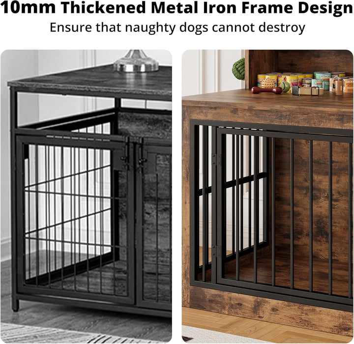 Extra Large Dog Crate Furniture, 43.3 Inches Wooden Dog Crate with Storage and 4 Hooks, Heavy Duty Pet Crate for Large Dog, Decorative Pet Cage for Indoor (30" L X 43.3" W X 41.1" H)