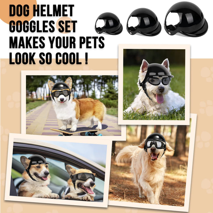 Dog Helmet and Goggles - UV Protection Doggy Sunglasses Dog Glasses Pet Motorcycle Helmet Hat with Ear Holes Adjustable Belt Safety Hat for Small Medium Large Dogs Puppy Riding (Black, S)